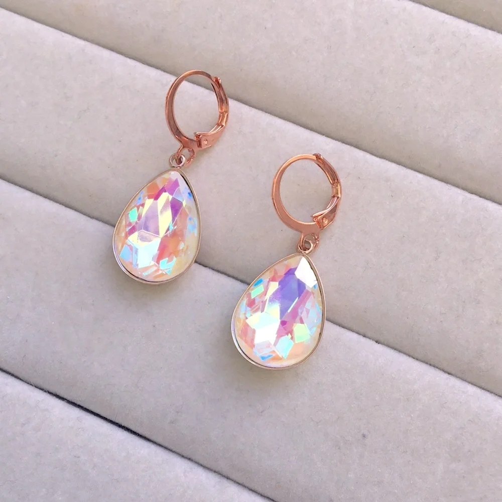 White Aurora Borealis + Rose Gold Crystal Pear Drop Earrings